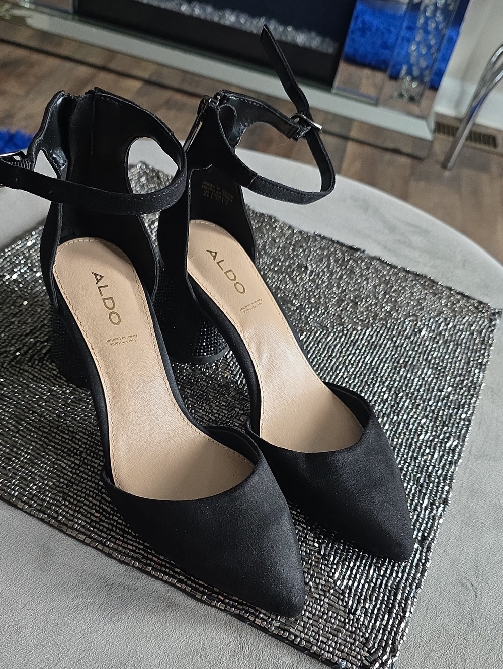 Aldo Black Pointed Ankle-Strap Block Heels